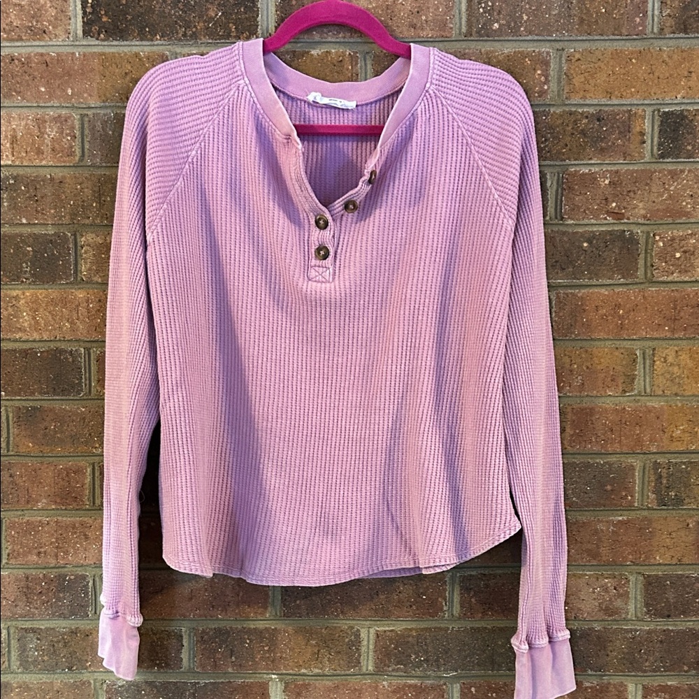 Double Zero Pink Waffle Henley Long Sleeve Top
